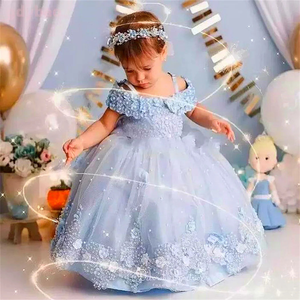 Baby Girls Dresses Off Shoulder Pearls Lace Butterflies Flower Girl Dress