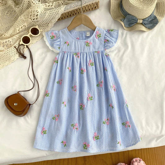 Girl Casual Dress New Fashion Flower Embroidered Striped Flying Sleeve Dress Girls