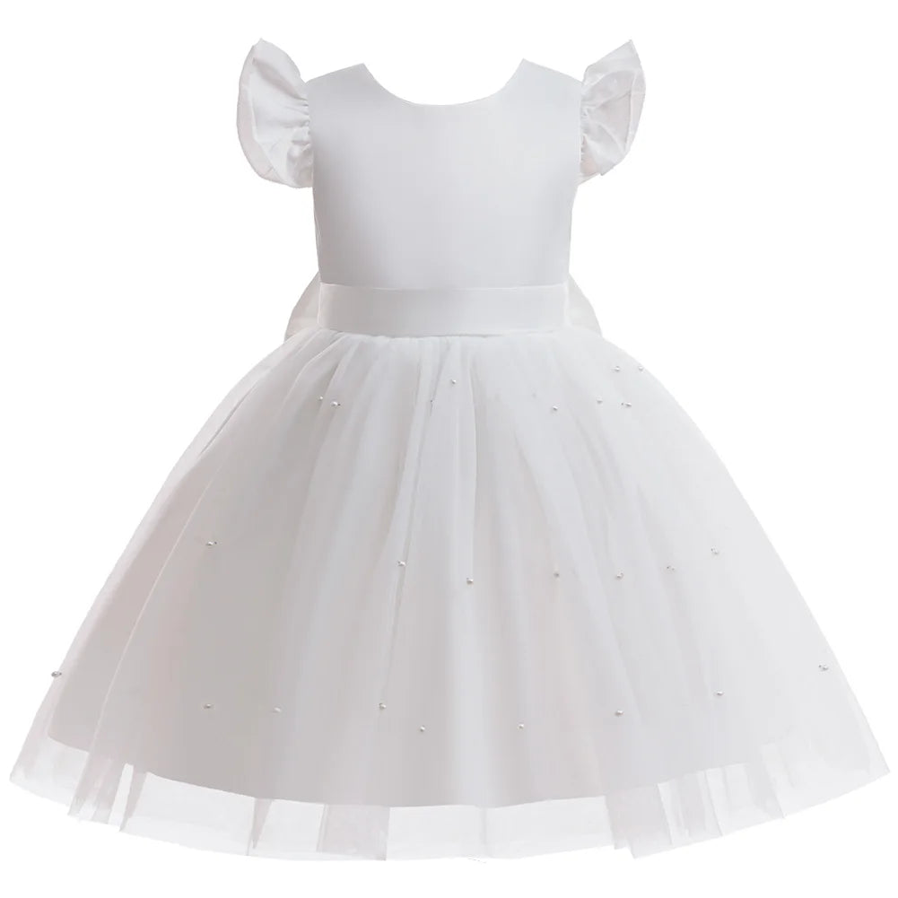 Kids Girls White Dresses Flower Child Wedding Dress Elegant Tulle Gown Baptismal Ceremony Costume Children Birthday Gift Dress