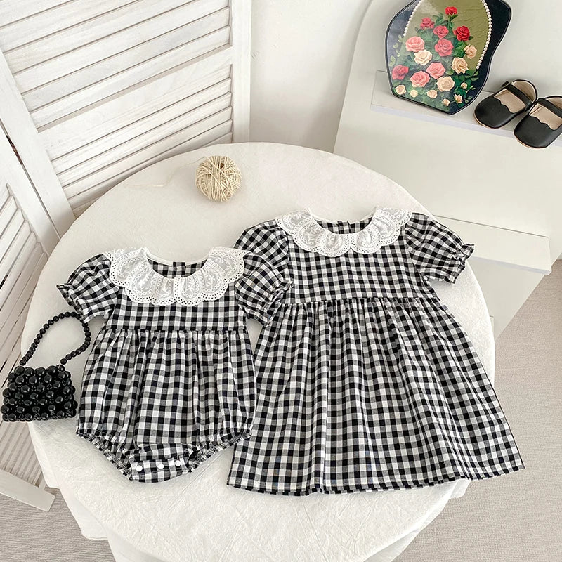 Checkered Eyelet Collar Sister Outfit