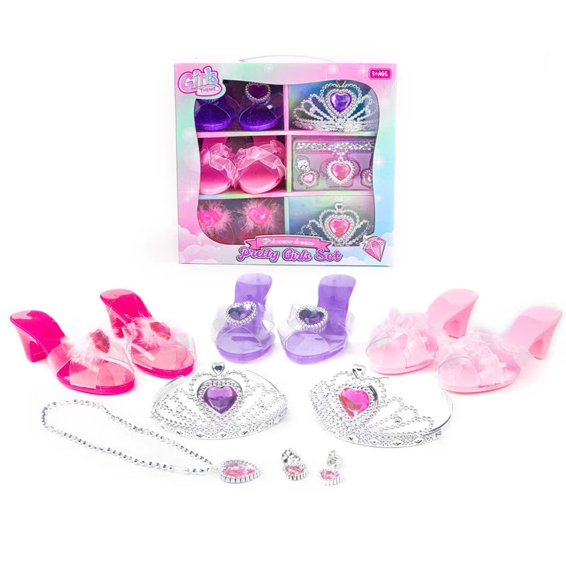 Girls Jewelry Toys Set Crystal Shoes Necklace Crown Earrings Bracelet Play Makeup Dress Up Princess Toys for Kids Role Play