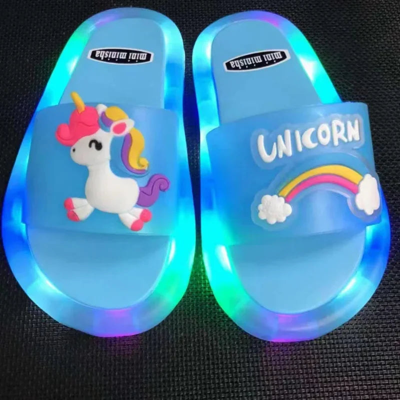 Children‘s Boys Girls Slippers Cartoon Unicorn Animals Prints Shoes Lighted