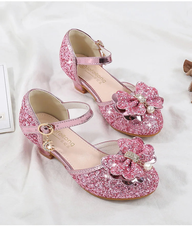 Girls' High Heels Fashion New Sequin Bow Shoes Children's Dance Single Shoes