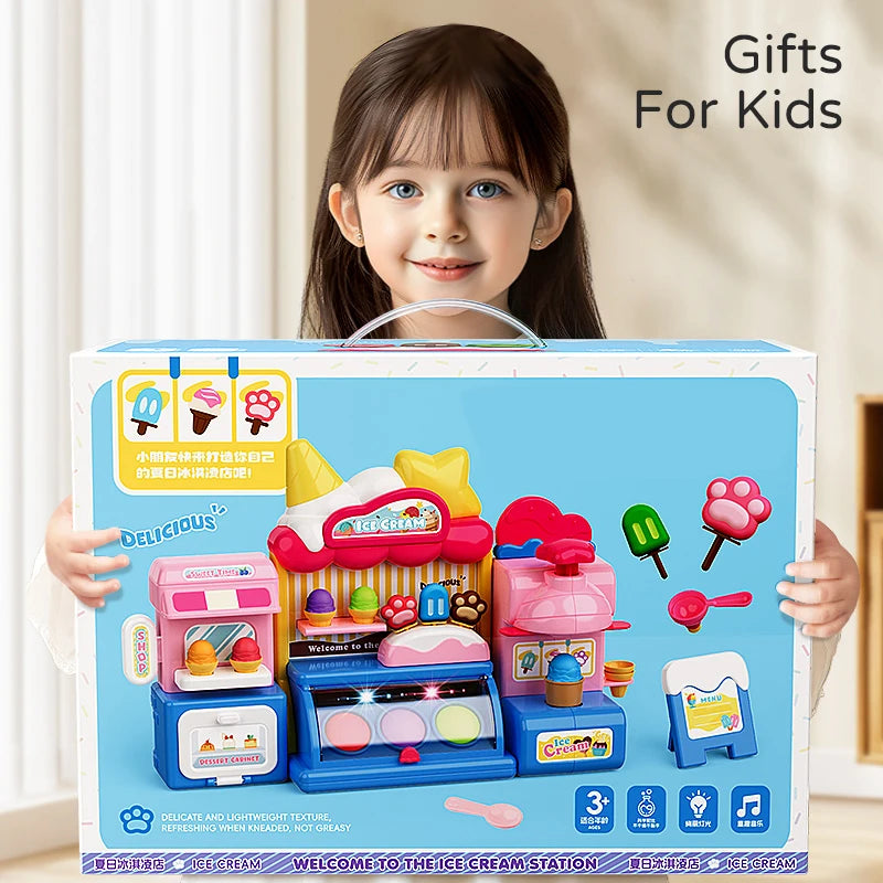 Children Ice Cream Toy for Girl Play Dough Color Machine With Music and Light Boy Toy Food Fake Kids Supermarket 3 Years Gifts