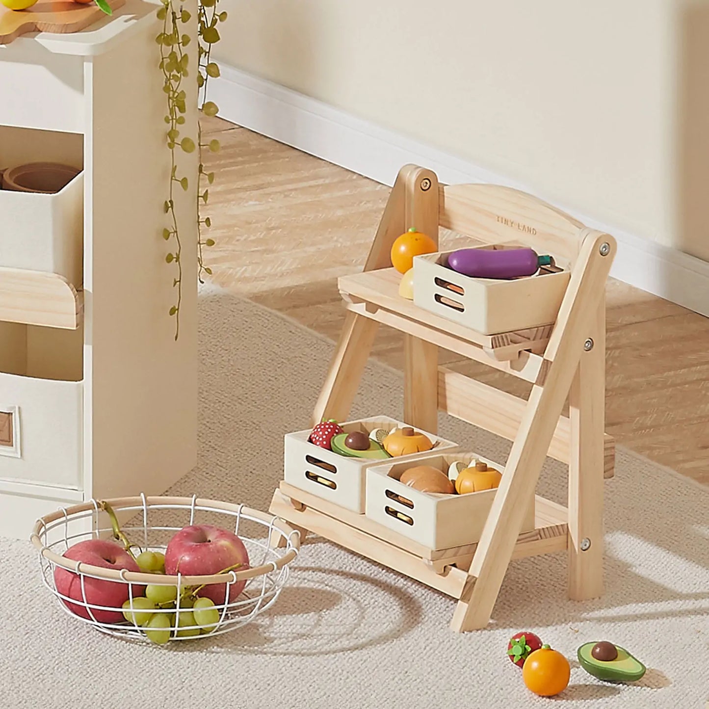Play Kitchen Accessories – Play Kitchen Food Storage: Versatile Wooden Rack for Play Food