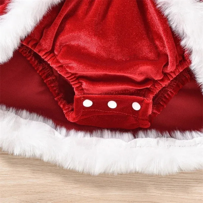 Baby Girl's Christmas Velvet Dress with PP shorts & Hat Set ,Pom pom Trim baby girl Dress