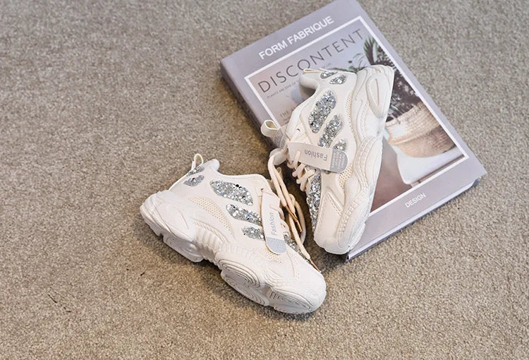 2022 Spring Fashion Women Sneakers Kids Toddler Girl Shoes Rhinestones Glittering Childen Outdoor Leisure Sports White Shoes Red