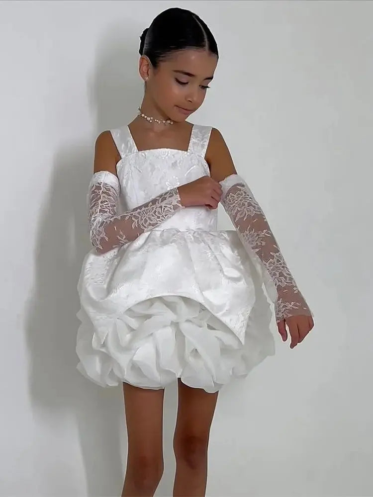 Lace Flower Girl Dress Puff Girls Party Dresses for Wedding Full Sleeves Satin Dress