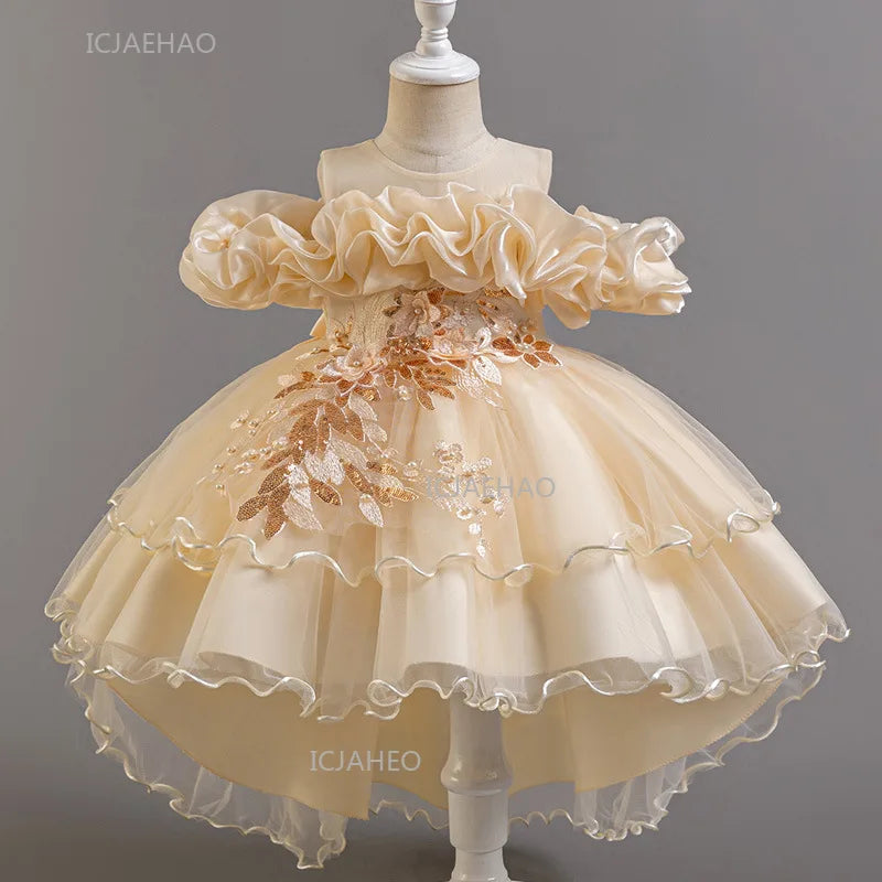 Girls Flower Girl Dress with Train Tulle Princess Gown Christmas Birthday Party Pageant Formal Dresses Kids Children Clothing