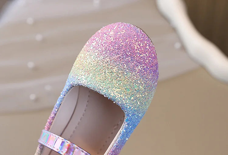 2026 Girl Shoes Spring New Girls Soft Sole Leather Shoes Rainbow Sequins Dress Princess Shoes Kids Shoe Mary Jane Shoes