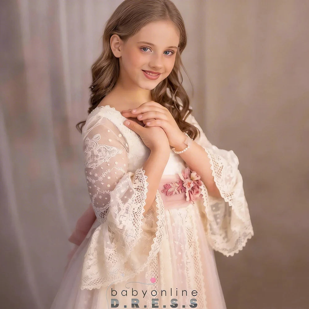 BABYONLINE Customized Comunión Dress Puff Sleeve Lace Embroidery Vestidos De Niñas