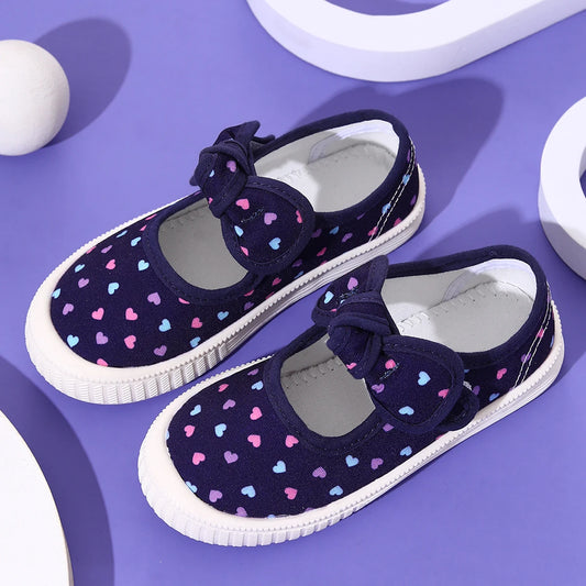 Girls' Canvas Shoes, Casual Sneakers with Cute Bow and Velcro Print, Wide Design Suitable for Indoor and Outdoor Wear in All Seasons