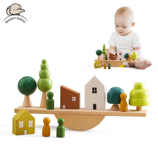 Montessori Sensory Toys  Stacking Toys For Baby Forest Houses Replica Wooden Forest Blocks
