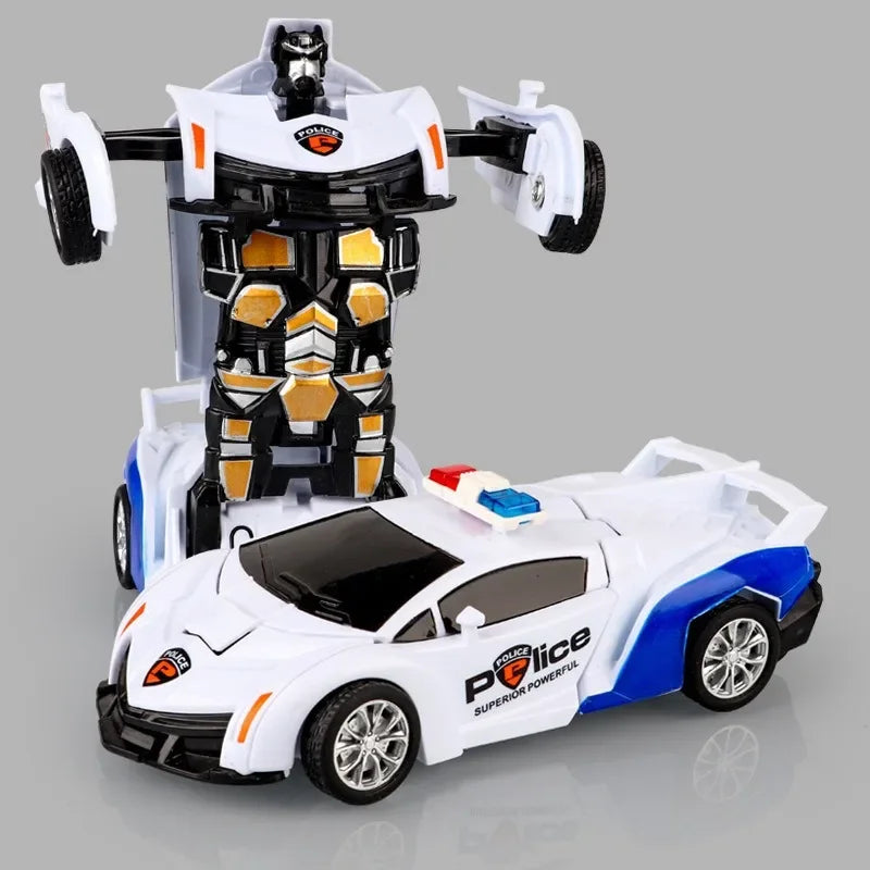 2 In 1 Car Toys Children's Collision Automatic Deformation Police Car Toy Boy Inertia Impact One-Button Transform CarRobot Model