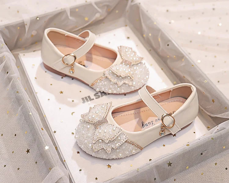 Autumn Fashion Pearl Bow Rhinestone Little Girl Shoes Flat Heels Kids Princess Shoes