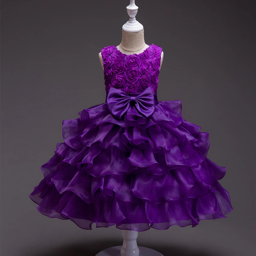 Girl's bow dress A dress with suspenders Rose flower girl wedding dress