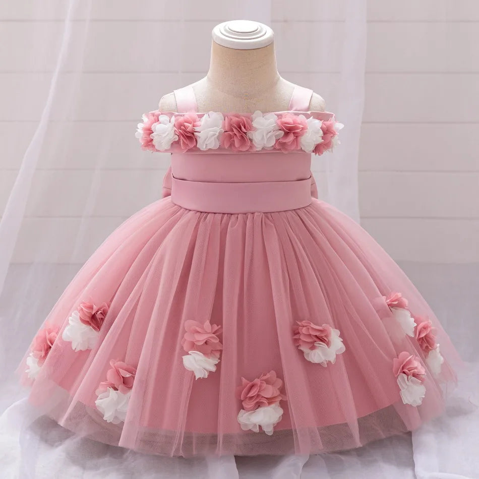 New Baby Girls 1st Princess Dress Infant Three-dimensional Flower One-word Shoulder Mesh Dress Baby Girl Performance Dress ASQ03