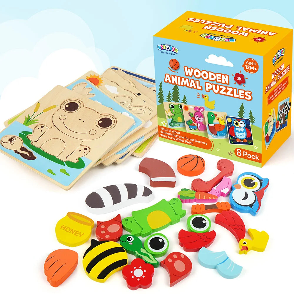 8 Pack Animal Wooden Puzzles Toys For Toddlers Boys Girls
