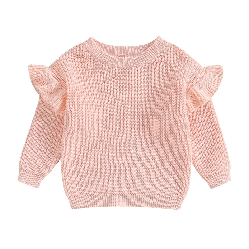 Basley Girls Sweater Solid Color Ruffle Long Sleeve Knit