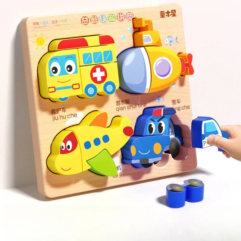Montessori Cartoon 3D Wooden Puzzle Animal Traffic Jigsaw Toys