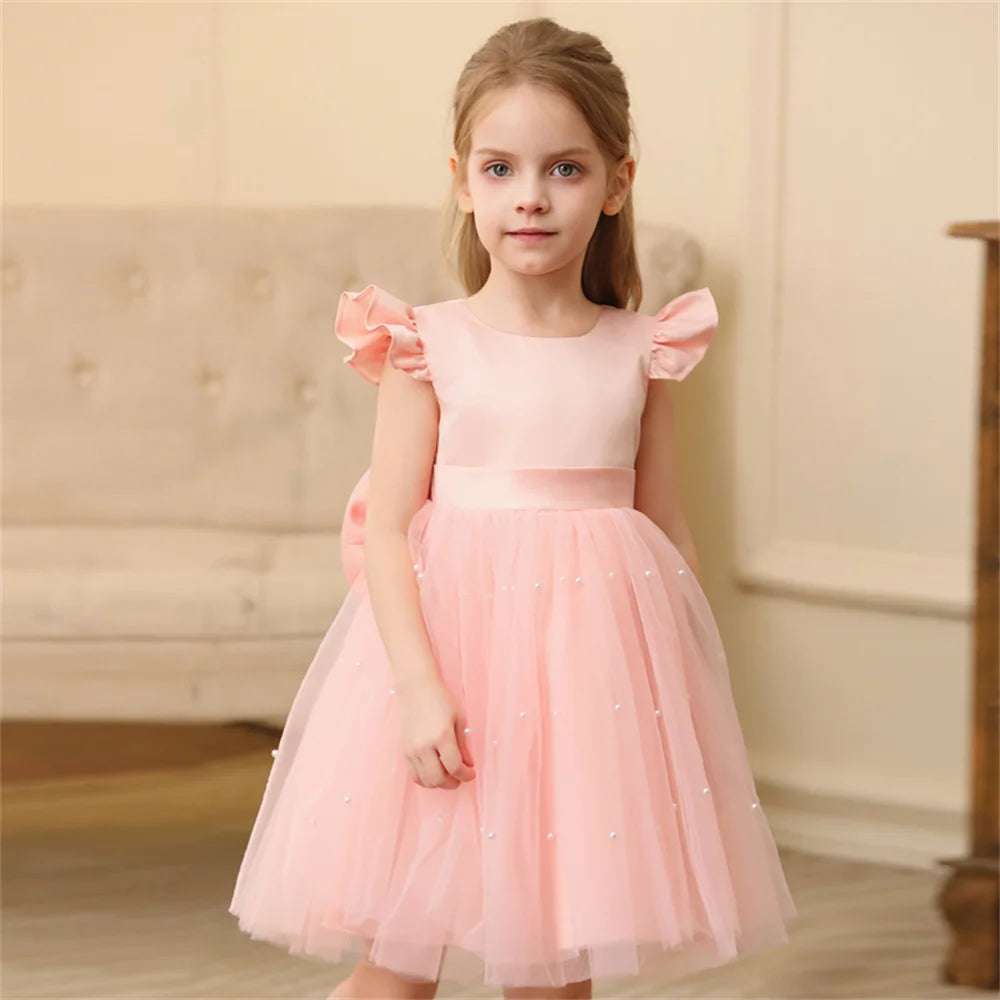 Toddler Girl Flower Birthday Tulle Dress Backless Bow Wedding Party Dress