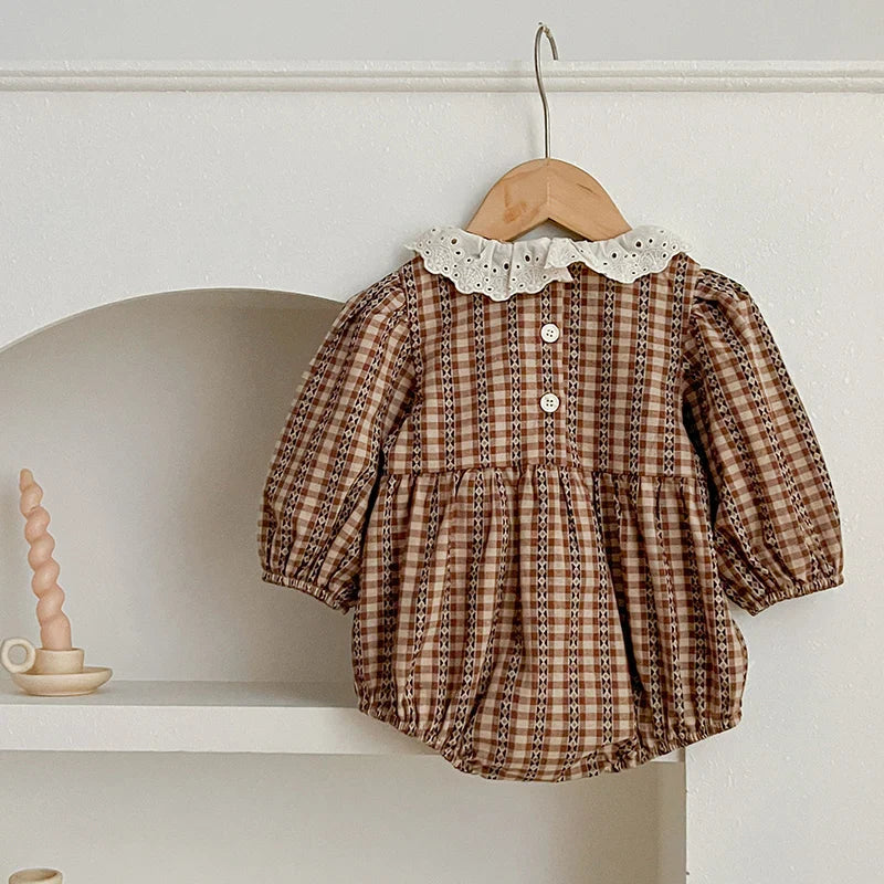 Lace Collar Checkered Romper