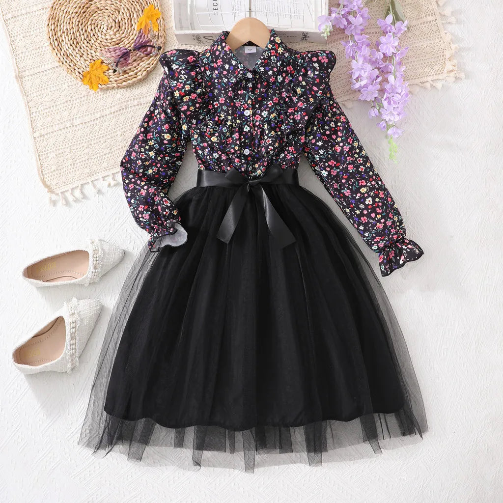 Kids Girl Black Dress Summer Long Sleeve Floral Gauze Belt Children Dress