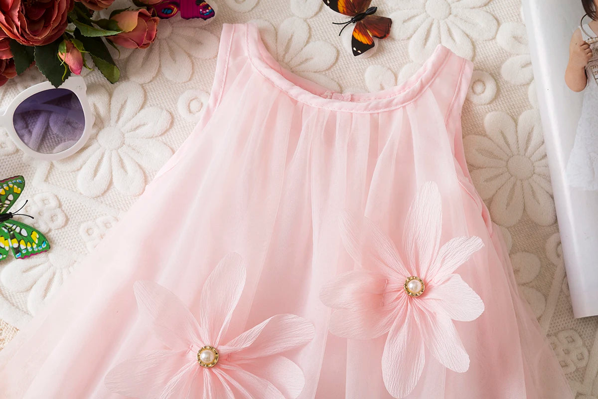 Toddler Girl Princess Pink Flower Decorated Wedding Party Dress