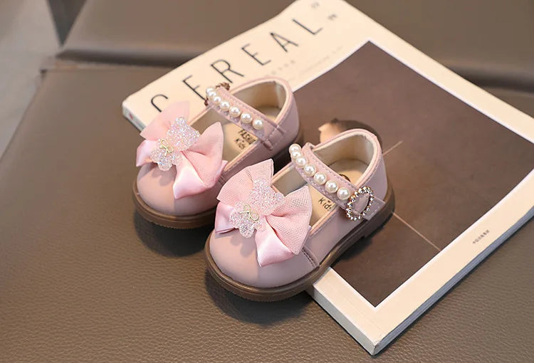 Baby Girl Leather Shoes Kids Bow Pearl Princess Shoes Shallow Soft Sole Cute First Walkers Infant Toddler Cartoon Single Shoes