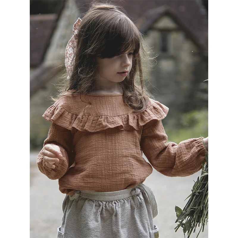 Olivia New Children Vintage Round Neck Ruffle Double Gauze