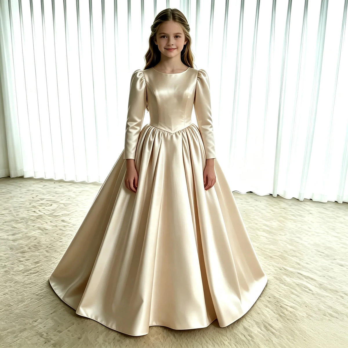 Girls First Communion Dress New Long Sleeves Satin Elegant Tail Evening Gown Girls Wedding Party Princess Dress for Juniors