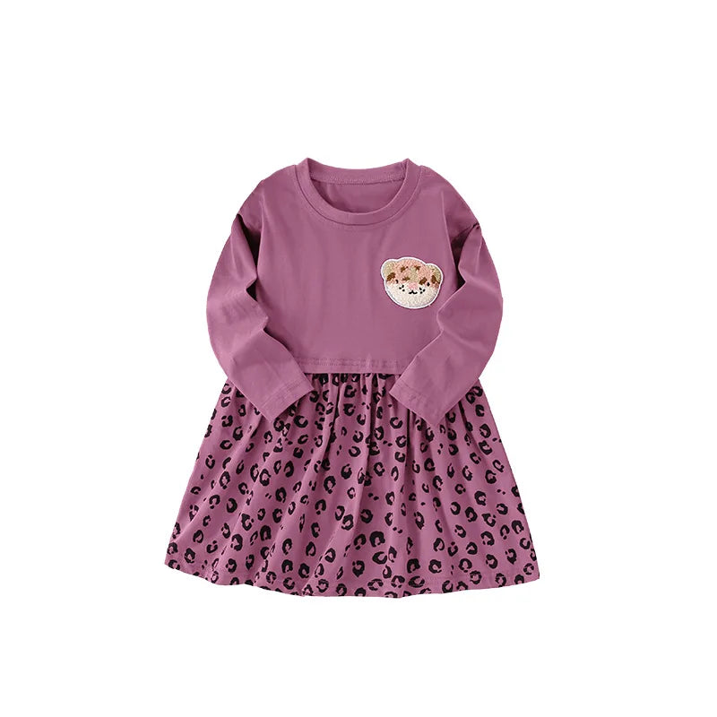Girls Dress 2025 Spring Autumn New Europ-America Style Round Neck Leopard Pattern Dress