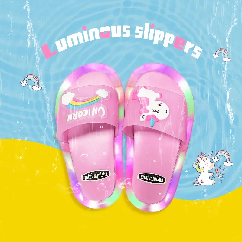 Children‘s Boys Girls Slippers Cartoon Unicorn Animals Prints Shoes Lighted