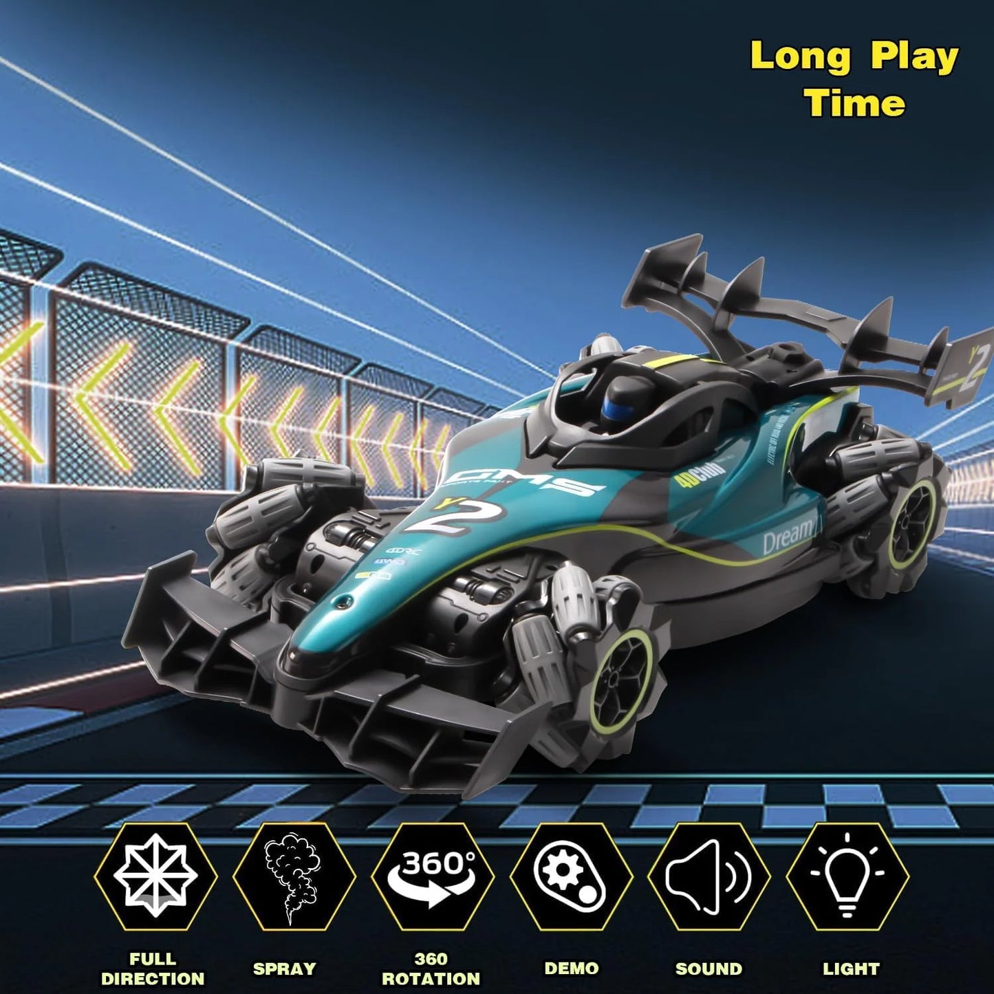 Y2 RC Car, Drift Car with Light Spray, 2.4Ghz 4WD 360° Remote Control Racing Stunt Cars Electric Toys Model Gifts for Kids Boys