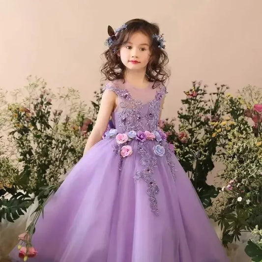 Girls Wedding Flower Girl Dress Sheer Neckline Floral Embroidered Tulle Gown 3D Flower Party Dress