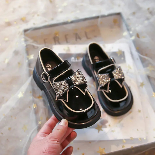 Victoria Girls Leather Shoes with Crystal Bow for Parties