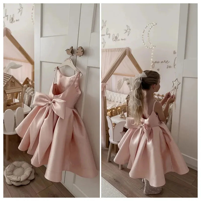 Pink Flower Girl Dress, Elegant Party Dress, Oversized Bow, Ideal Choice for Special Occasions, Birthday Parties