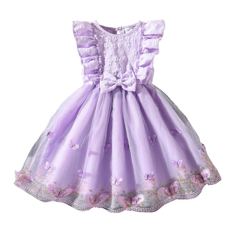 Dress For Girls Yellow O-Neck Fly-Sleeve Tulle Bowknot