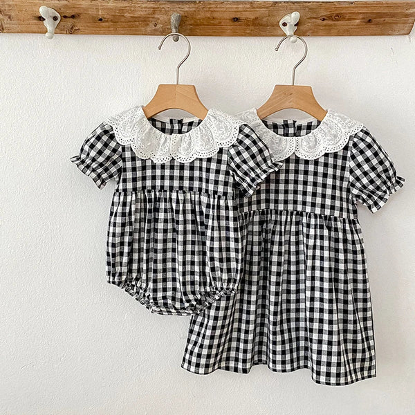 Checkered Eyelet Collar Sister Outfit