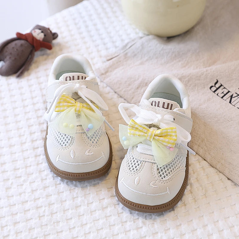 Girls Casual Shoes Spring Summer Children Hollow Sneakers with Cut-outs Breathable Holes Cute Bow-knot Soft Comfortable Sweet