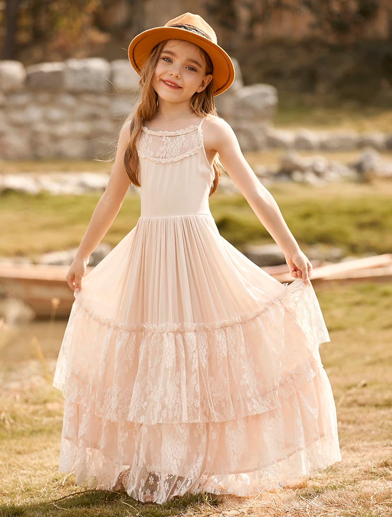 Plus Size Princess Girls Lace Long Dresses Baby Kids Flower Wedding Party