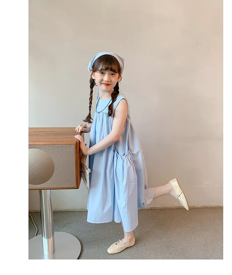 Ana Summer Junior Girl Sleeveless Dress Solid Side Cotton Dress
