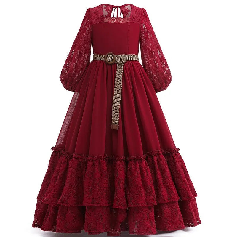 Girls lace long sleeved princess dress 2024 new high-end chiffon waist length