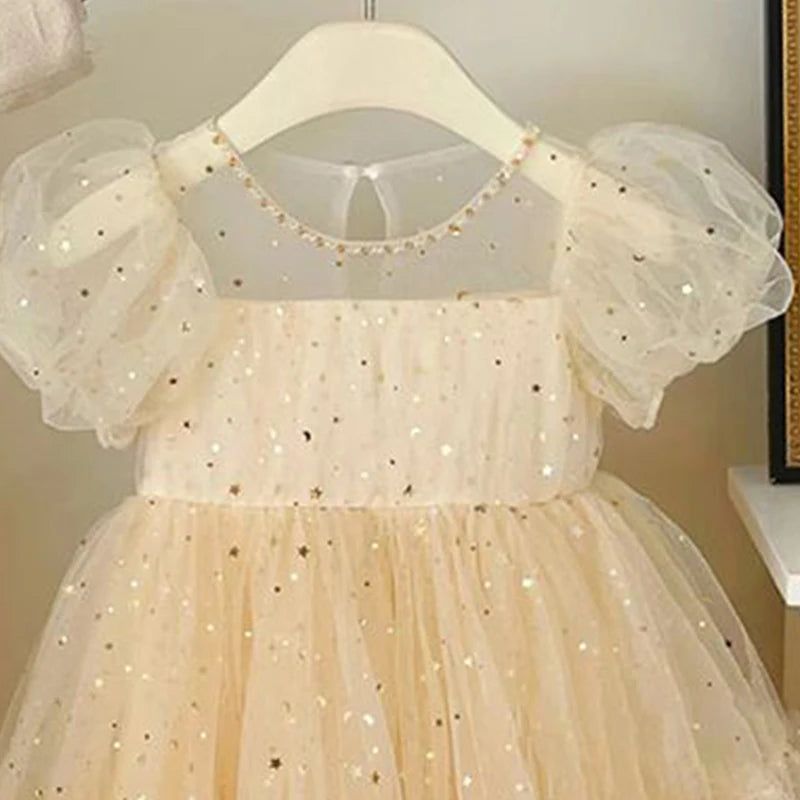 Summer Dresses Girls' Elegant Dress Girl Baby Bubble Sleeve Mesh Sequin Dress