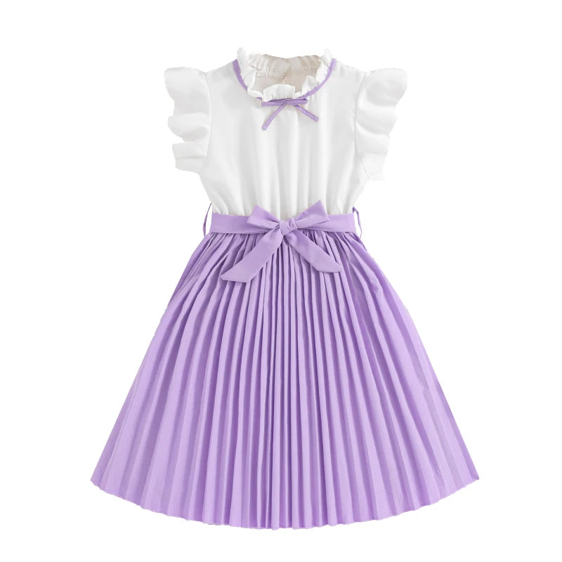 Emma Kids Dress for Girls with Pleated Skirt and Bow Tie