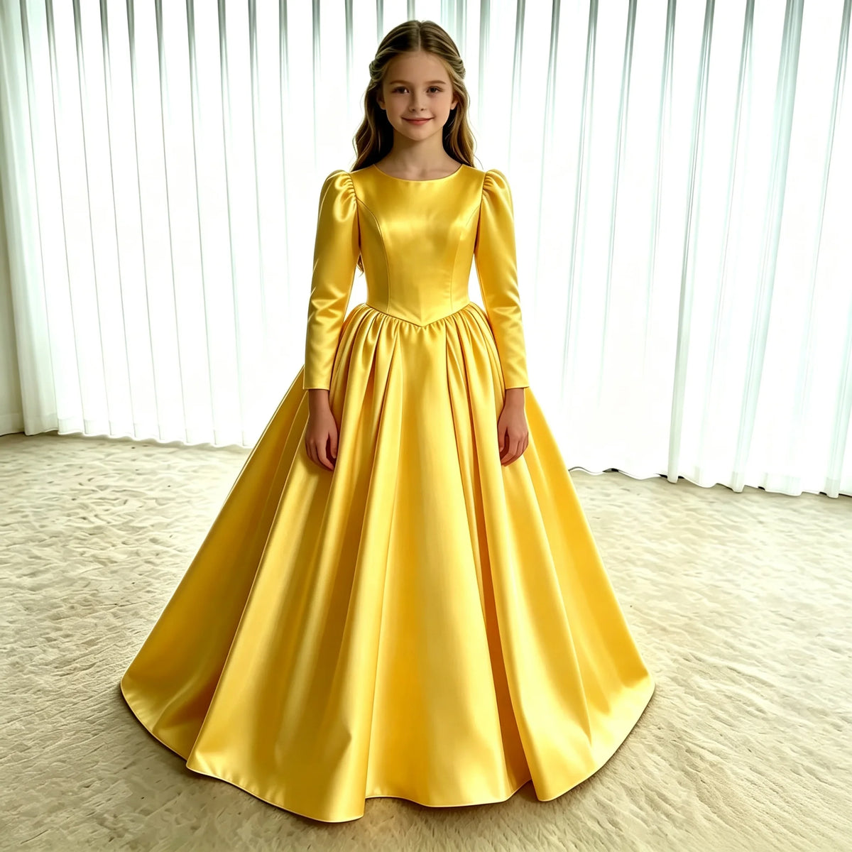 Girls First Communion Dress New Long Sleeves Satin Elegant Tail Evening Gown Girls Wedding Party Princess Dress for Juniors