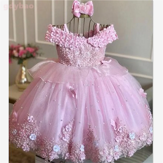 Baby Girls Dresses Off Shoulder Pearls Lace Butterflies Flower Girl Dress