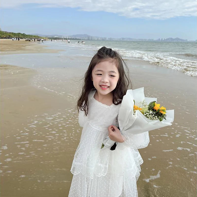 2 3 4 5 6 7 8 Years Girls Dress Summer White Dress  Flowers Embroidery Elegant