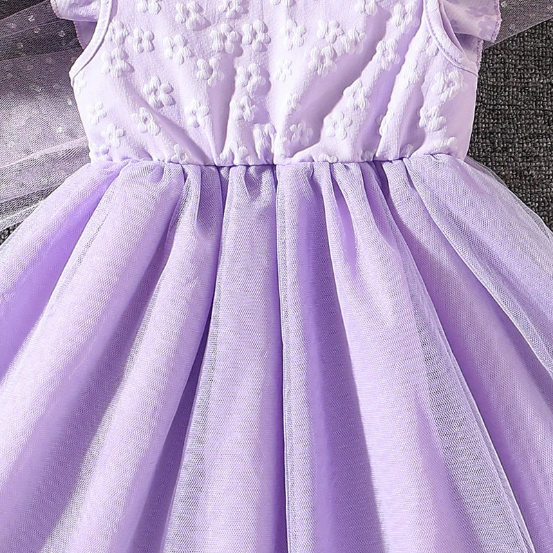 Dress For Girls Yellow O-Neck Fly-Sleeve Tulle Bowknot