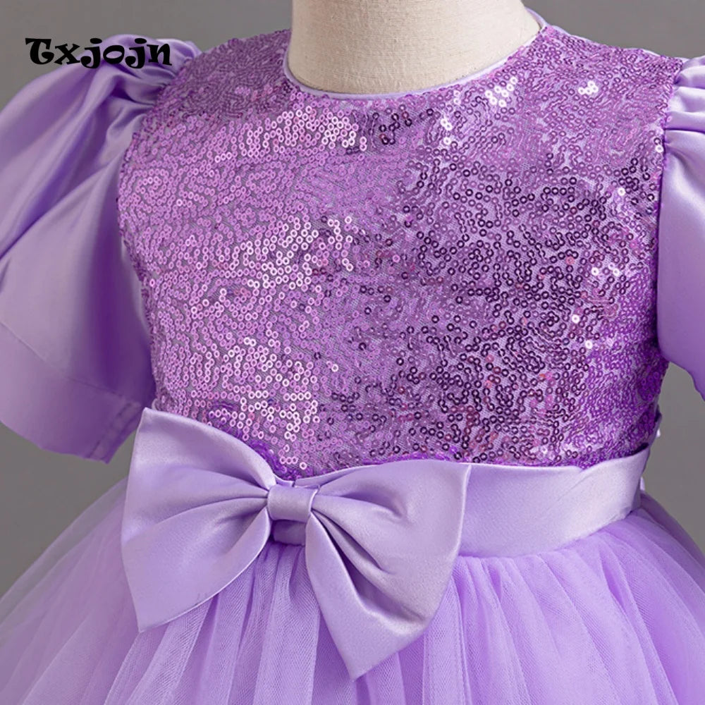 Girl's Dress 3-14 Years Old Girl's Bow Princess Dress Sequined Puff Sleeve Mesh Dress